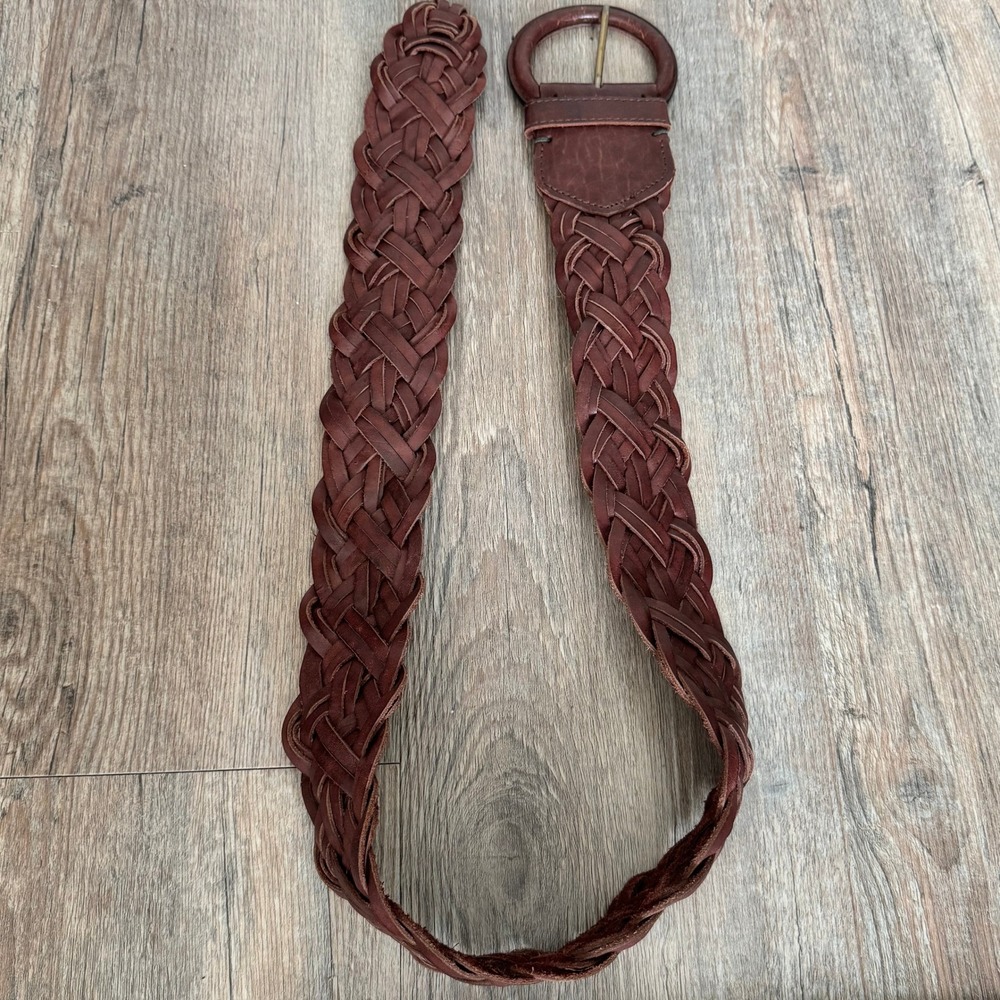 Abercrombie & Fitch Brown Braided Leather Belt XS/S Wide Woven Boho Round Buckle - Picture 3 of 13